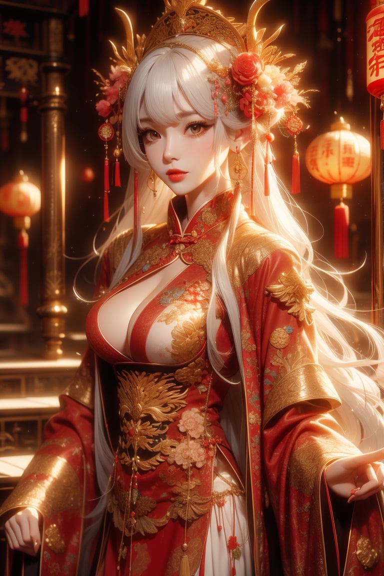 white hair, bangs hairstyle, 1girl, Queen girl, gold Dragon, red sleeveless mini cheongsam, Chinese architectures,chinese dress