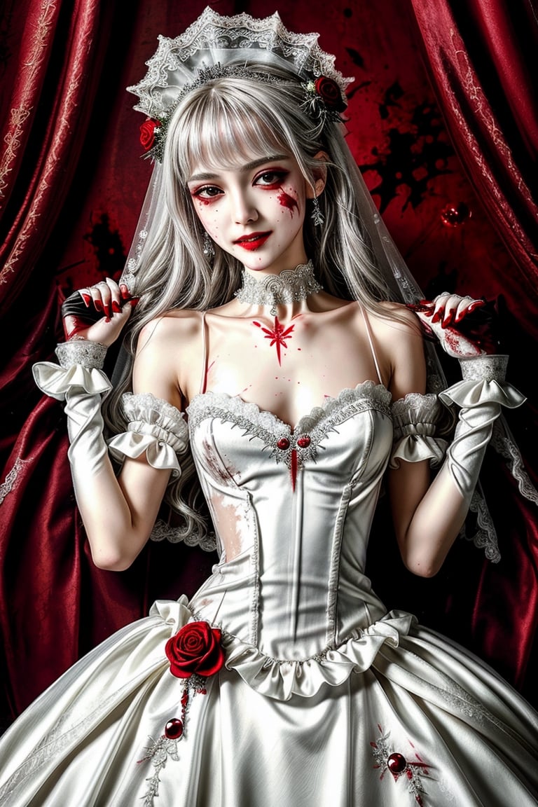 Masterpiece, best quality, finely detailed beautiful eyes and detailed beautiful face, fine detailed clothing, (skinny:1.3), (petite), messy silver (hair), porcelain (skin), flower ornament, gothic lolita, lace choker, 1girl, Korean, skimpy, skintight, (blood stain:1.3) clothing, white (bridal gown), bridal glove, evil grin, (blood) tears, full body shot, roman style background