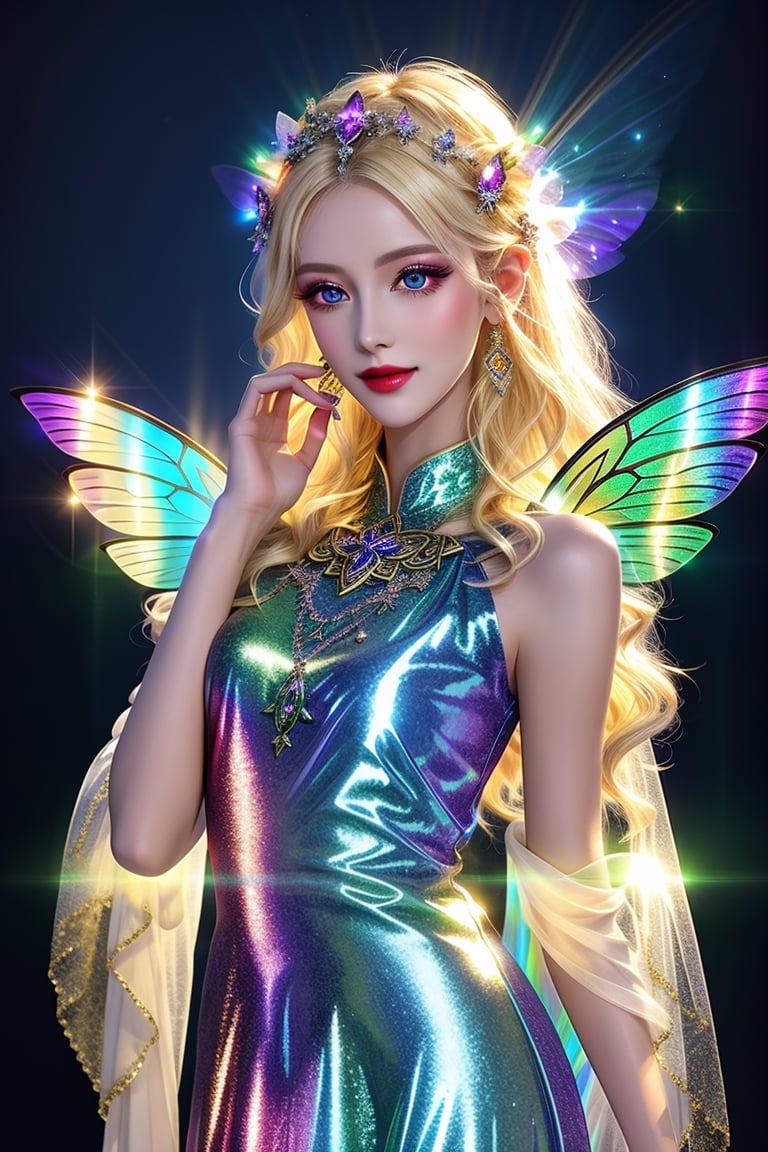 masterpiece, best quality, (finely detailed beautiful eyes and detailed beautiful face), perfect (skinny:1.3) bimbo body, straight blonde (hair), lipstick, make-up, accessories, glow dust, rainbow glow fairy wings, Celtic folklore, mischievous Pixie, silk, long dress, high slit, translucent, seductive pose, midnight, nighttime, cinematic lighting, glitter, Detailedface, shiny