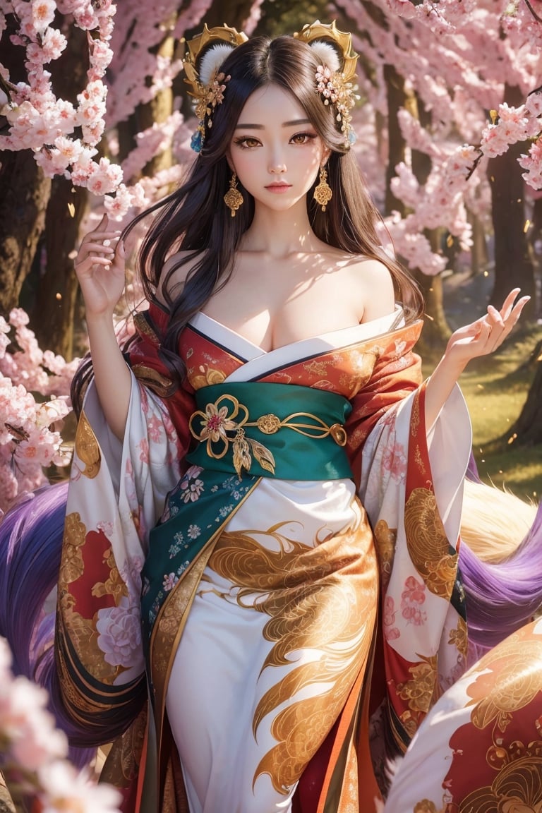 In this hyper-maximalist masterpiece, a breathtaking image of the ultimate nine-tailed fox girl unfolds. She stands amidst a mystical forest, exuding ethereal elegance. Her cascading locks, molten gold in color, shimmer with an inner radiance. Iridescent emerald eyes hold ancient wisdom and mischief, captivating the soul. Porcelain-like skin bears intricate cherry blossom markings, subtly shifting with light. Nine resplendent tails, adorned with patterns inspired by various art movements, weave a harmonious visual symphony. Ornate kimono, inspired by traditional Japanese woodblock prints, showcases meticulous detail. The enchanted forest bursts with vibrant colors, blending surrealism and fantasy. This epic masterpiece evokes awe, intertwining hyper-realistic rendering, intricate details, and seamless fusion of styles. It is a groundbreaking testament to the artist's skill, inviting viewers into a world where beauty and magic coexist. With unparalleled attention to detail, it transcends visual boundaries, offering a timeless encounter with the extraordinary nine-tailed fox girl—a stunning embodiment of artistic excellence.