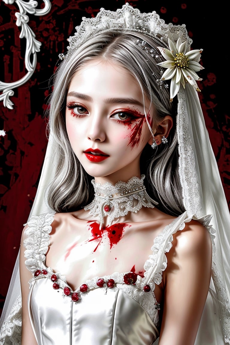 Masterpiece, best quality, finely detailed beautiful eyes and detailed beautiful face, fine detailed clothing, (skinny:1.3), (petite), messy silver (hair), porcelain (skin), flower ornament, gothic lolita, lace choker, 1girl, Korean, skimpy, skintight, (blood stain:1.3) on white (bridal gown), full body shot, roman style background