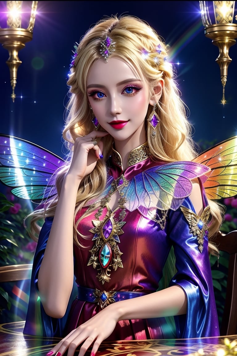 masterpiece, best quality, (finely detailed beautiful eyes and detailed beautiful face), perfect (skinny:1.3) bimbo body, straight blonde (hair), lipstick, make-up, accessories, glow dust, rainbow glow fairy wings, Celtic folklore, mischievous Pixie, red silk, long dress, high slit, relaxing on the table, midnight, nighttime, cinematic lighting, glitter, Detailedface, shiny