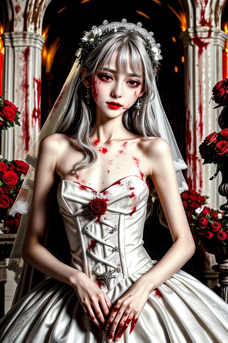 Masterpiece, best quality, finely detailed beautiful eyes and detailed beautiful face, fine detailed clothing, (skinny:1.3), (petite), messy silver (hair), porcelain (skin), flower ornament, gothic lolita, 1girl, Korean, skimpy, skintight, (blood stain:1.3) on white (bridal gown), full body shot, roman style background