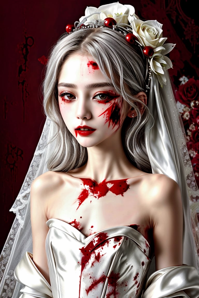 Masterpiece, best quality, finely detailed beautiful eyes and detailed beautiful face, fine detailed clothing, (skinny:1.3), (petite), messy silver (hair), porcelain (skin), flower ornament, gothic lolita, 1girl, Korean, skimpy, skintight, (blood stain:1.3) on white (bridal gown), full body shot, roman style background