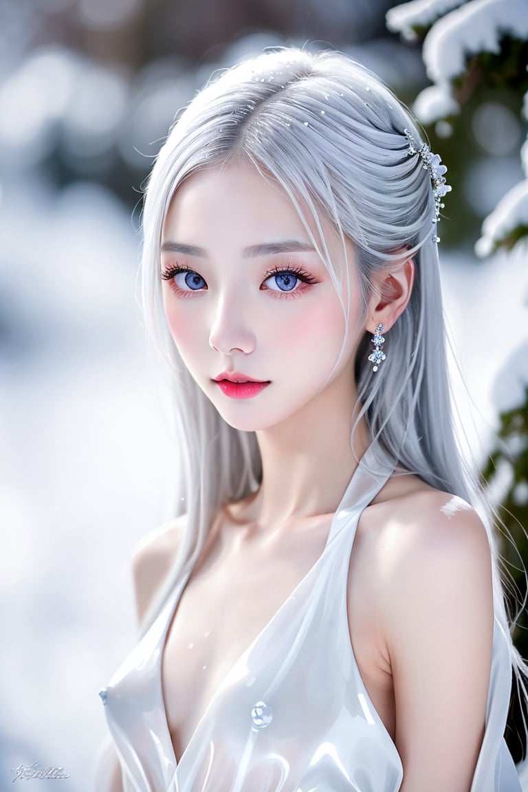 masterpiece, best quality, finely detailed beautiful eyes, finely detailed beautiful face, maximum fine clothing details, nsfw, (skinny:1.3), (petite), perfect round (small boobs), make-up, lipstick, porcelain (skin), silver (hair), 1girl, Japanese folklore, Yuki-Onna, long white daster, translucent, wondering around snowy mountain