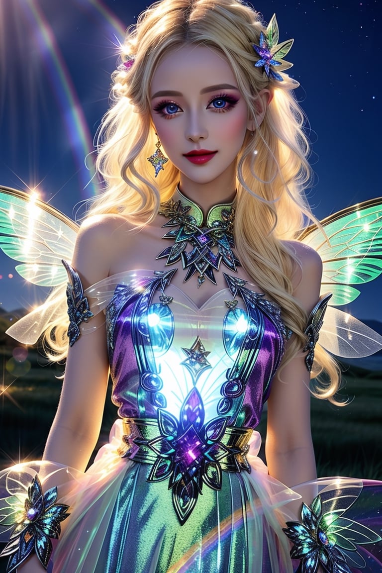 masterpiece, best quality, (finely detailed beautiful eyes and detailed beautiful face), perfect (skinny:1.3) bimbo body, straight blonde (hair), lipstick, make-up, accessories, glow dust, rainbow glow fairy wings, Celtic folklore, mischievous Pixie, (translucent:1.2) silk, long dress, high slit, seductive pose, midnight, nighttime, cinematic lighting, glitter, Detailedface, shiny,