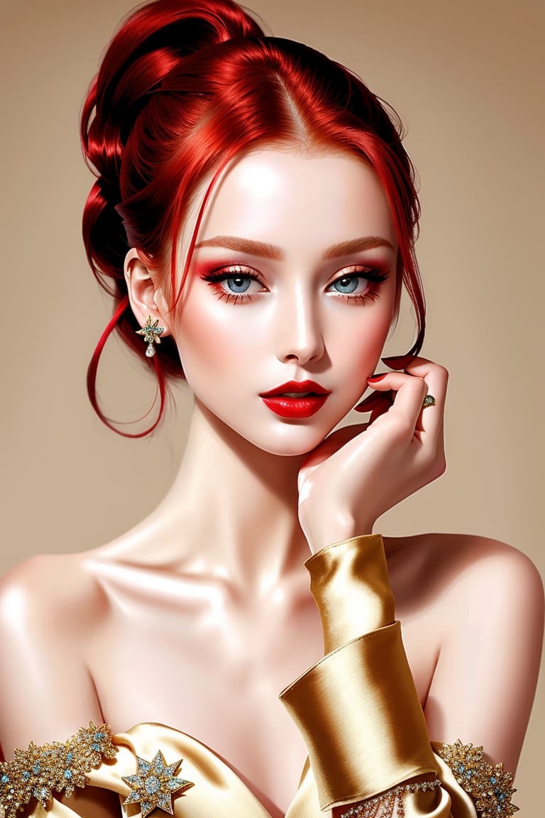 masterpiece, best quality, (finely detailed beautiful eyes and detailed beautiful face), (skinny:1.3), porcelain (skin), redhead, short messy (high ponytail), make-up, lipstick, exquisite girl, skin_tight, (silk:1.3), glamour high slit, long dress, glass (high heels), seductive_pose