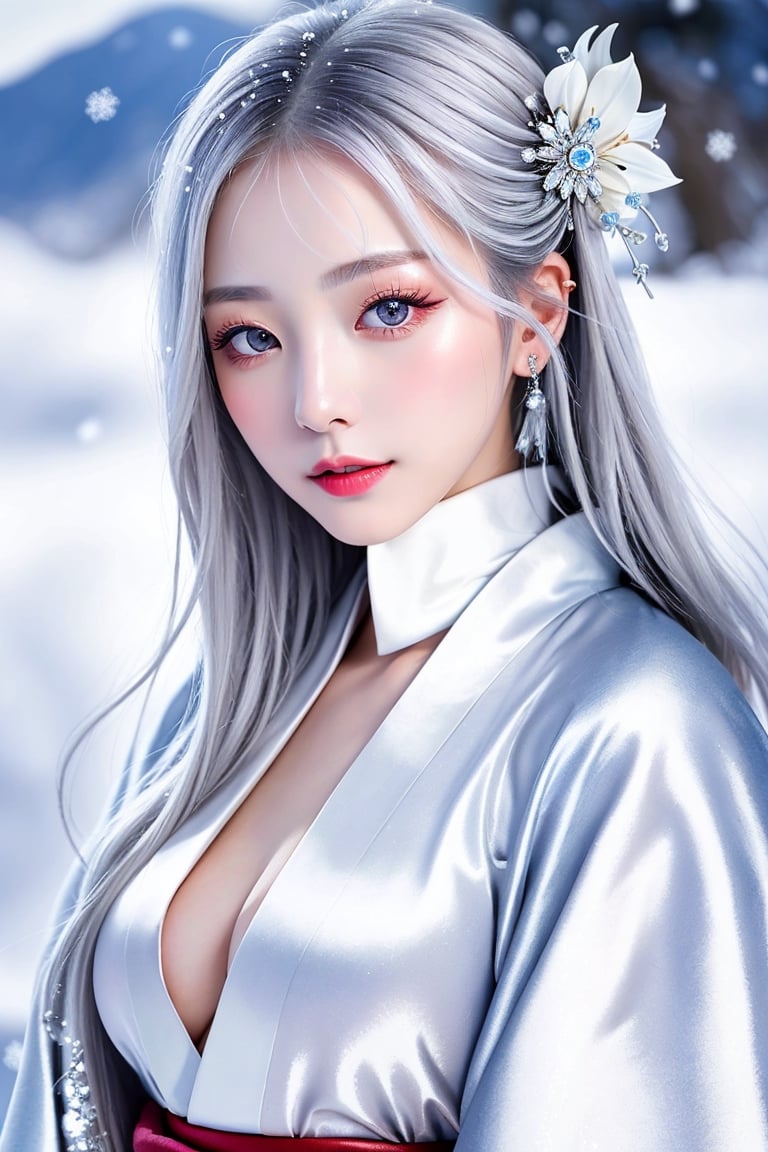 masterpiece, best quality, finely detailed beautiful eyes, finely detailed beautiful face, maximum fine clothing details, (skinny:1.3), (petite), perfect round (small boobs), make-up, lipstick, porcelain (skin), silver (hair), 1girl, Japanese folklore, Yuki-Onna, kimono, wonder around snowy mountain, tight high view
