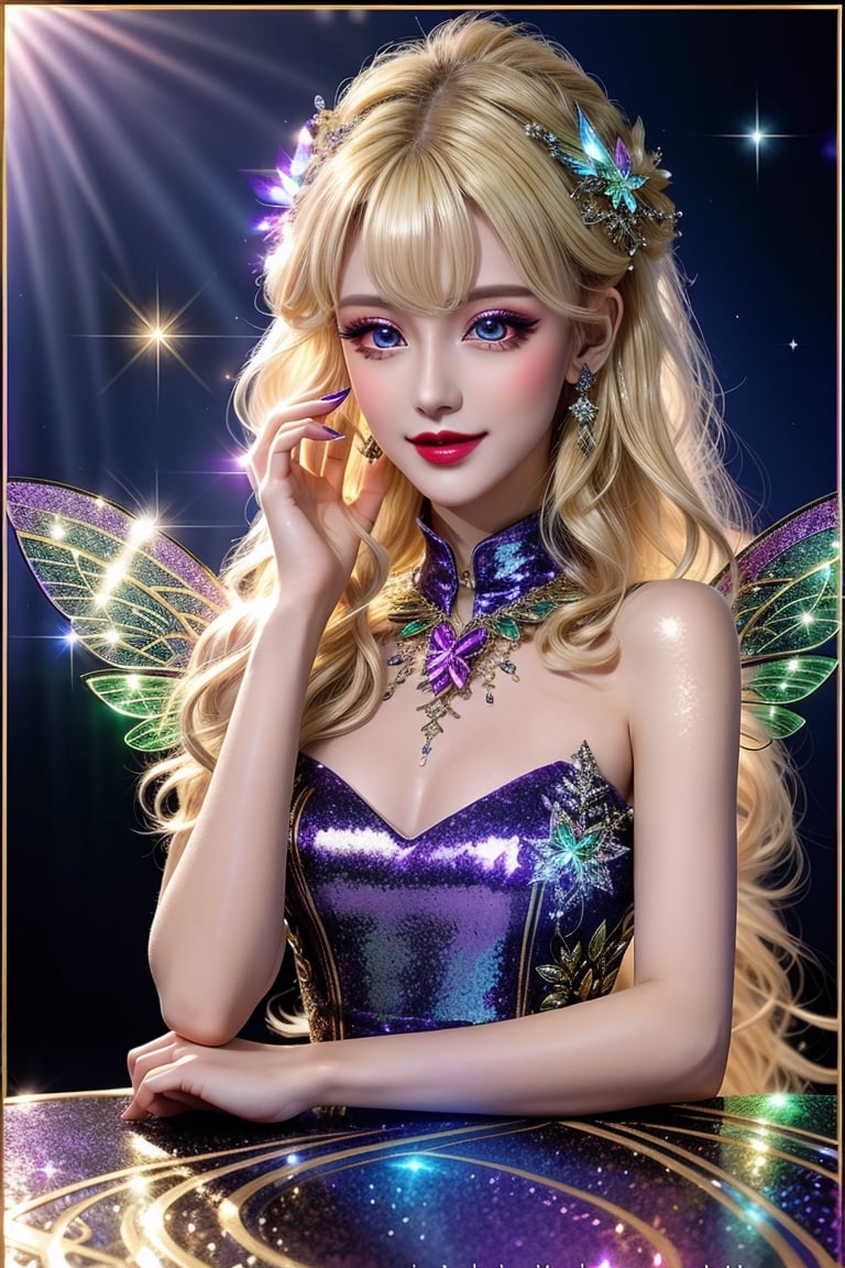 masterpiece, best quality, (finely detailed beautiful eyes and detailed beautiful face), perfect (skinny:1.3) bimbo body, straight blonde (hair), lipstick, make-up, accessories, glow dust, rainbow glow fairy wings, Celtic folklore, mischievous Pixie, red silk, long dress, high slit, relaxing on the table, midnight, nighttime, cinematic lighting, glitter, Detailedface,glitter,shiny