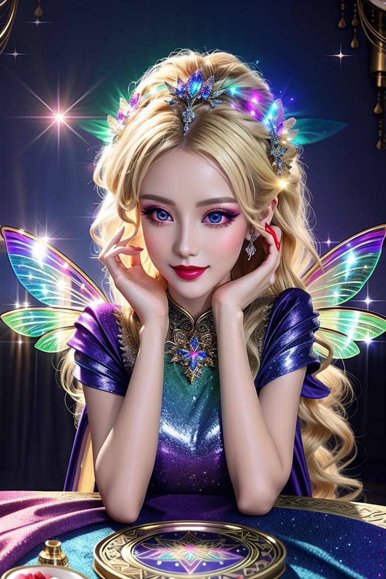 masterpiece, best quality, (finely detailed beautiful eyes and detailed beautiful face), perfect (skinny:1.3) bimbo body, straight blonde (hair), lipstick, make-up, accessories, glow dust, rainbow glow fairy wings, Celtic folklore, mischievous Pixie, red silk, long dress, high slit, relaxing on the table, midnight, nighttime, cinematic lighting, glitter, Detailedface, shiny