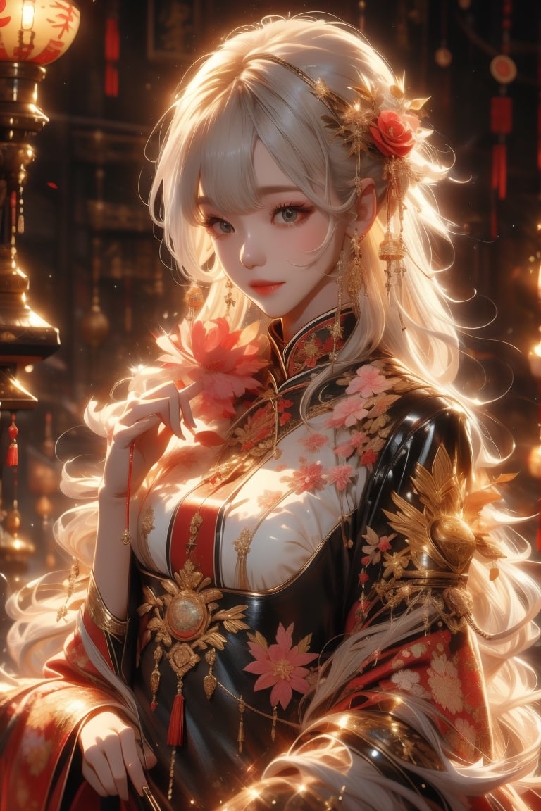 white hair, bangs hairstyle, 1girl, Queen girl, gold Dragon, red sleeveless mini cheongsam, Chinese architectures, chinese dress, glitter