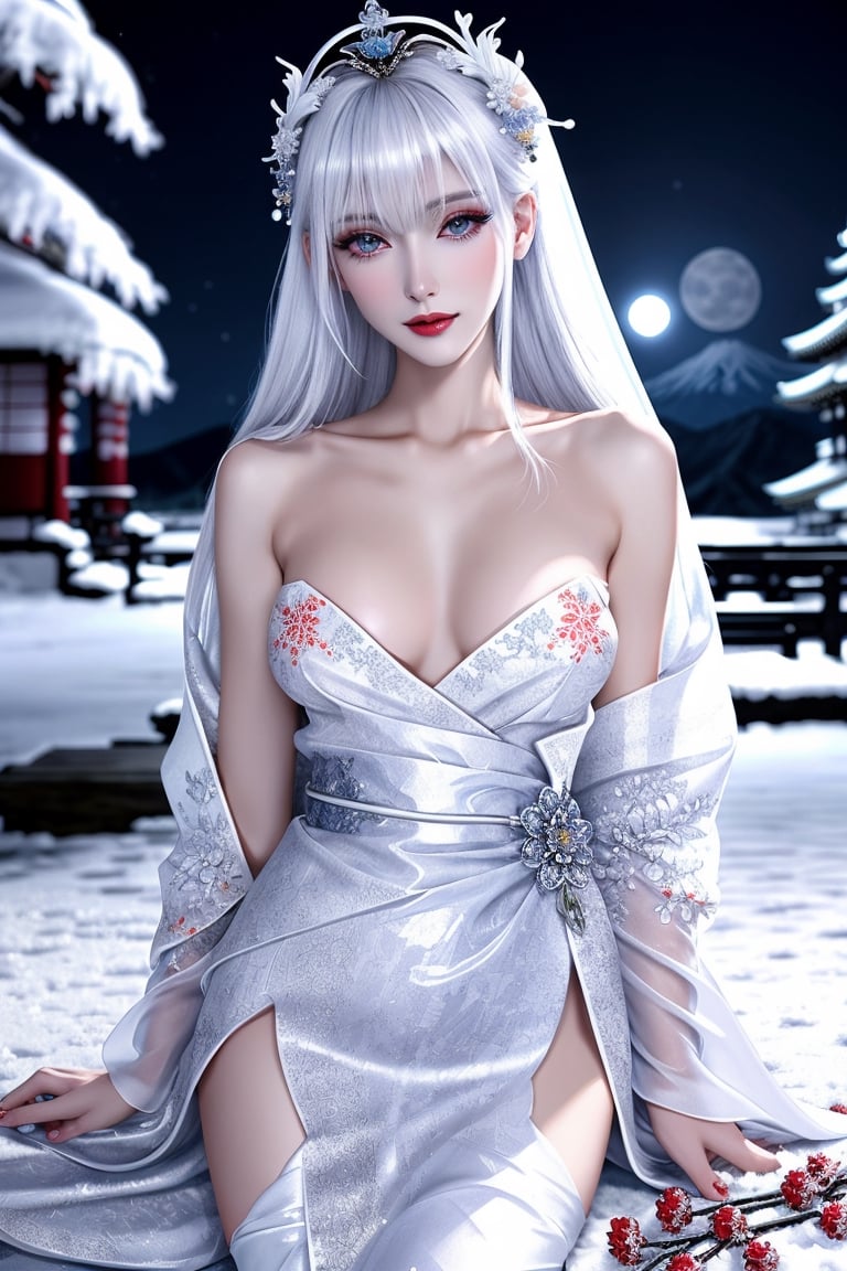 masterpiece, best quality, finely detailed beautiful eyes, finely detailed beautiful face, maximum fine clothing details, perfect (skinny:1.3) bimbo body, make-up, lipstick, floral ornaments, silver (hair), pale (skin), Japan folklore, Yuki-Onna, one-layer, clear white sheer, chiffon open kimono, visible erect nipples, relaxing on the snowy floor, snowy mountain, exposed pussy, open leg, under the moonlight, nighttime, midnight_lycanroc, cinematic lighting, sharp focus, depth of field, intricate details