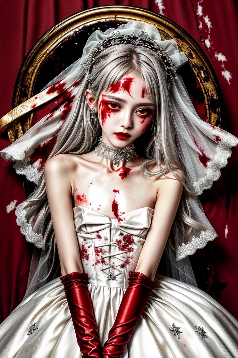 Masterpiece, best quality, finely detailed beautiful eyes and detailed beautiful face, fine detailed clothing, (skinny:1.3), (petite), messy silver (hair), porcelain (skin), flower ornament, gothic lolita, lace choker, 1girl, Korean, skimpy, skintight, (blood stain:1.3) on white (bridal gown), full body shot, roman style background