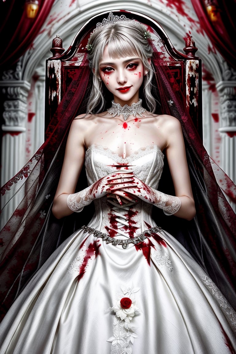 Masterpiece, best quality, finely detailed beautiful eyes and detailed beautiful face, fine detailed clothing, (skinny:1.3), (petite), messy silver (hair), porcelain (skin), flower ornament, gothic lolita, lace choker, 1girl, Korean, skimpy, skintight, (blood stain:1.3) clothing, white (bridal gown), bridal glove, evil grin, blood (tears), full body shot, roman style background