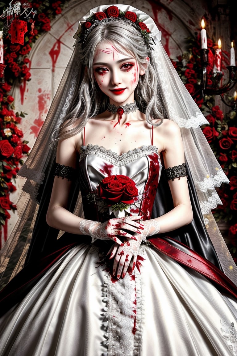 Masterpiece, best quality, finely detailed beautiful eyes and detailed beautiful face, fine detailed clothing, (skinny:1.3), (petite), messy silver (hair), porcelain (skin), flower ornament, gothic lolita, lace choker, 1girl, Korean, skimpy, skintight, (blood stain:1.3) clothing, white (bridal gown), bridal glove, evil grin, (blood) tears, full body shot, roman style background