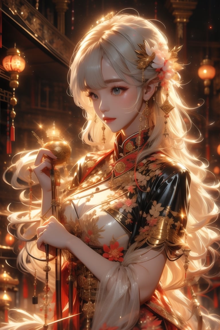 white hair, bangs hairstyle, 1girl, Queen girl, gold Dragon, red sleeveless mini cheongsam, Chinese architectures, chinese dress, glitter