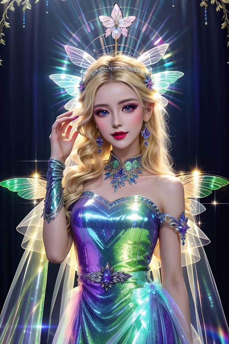 masterpiece, best quality, (finely detailed beautiful eyes and detailed beautiful face), perfect (skinny:1.3) bimbo body, straight blonde (hair), lipstick, make-up, accessories, glow dust, rainbow glow fairy wings, Celtic folklore, mischievous Pixie, (translucent:1.2) silk, long dress, high slit, seductive pose, midnight, nighttime, cinematic lighting, glitter, Detailedface, shiny,