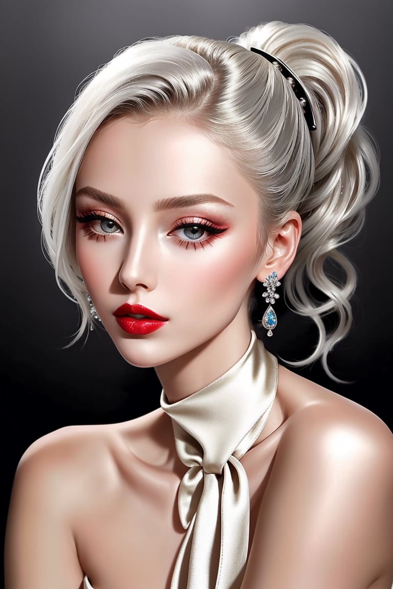 masterpiece, best quality, (finely detailed beautiful eyes and detailed beautiful face), (skinny:1.3), porcelain (skin), silver_hair, short messy (high ponytail), make-up, lipstick, exquisite girl, skin_tight, (silk:1.3), glamour high slit, long dress, glass (high heels), seductive_pose