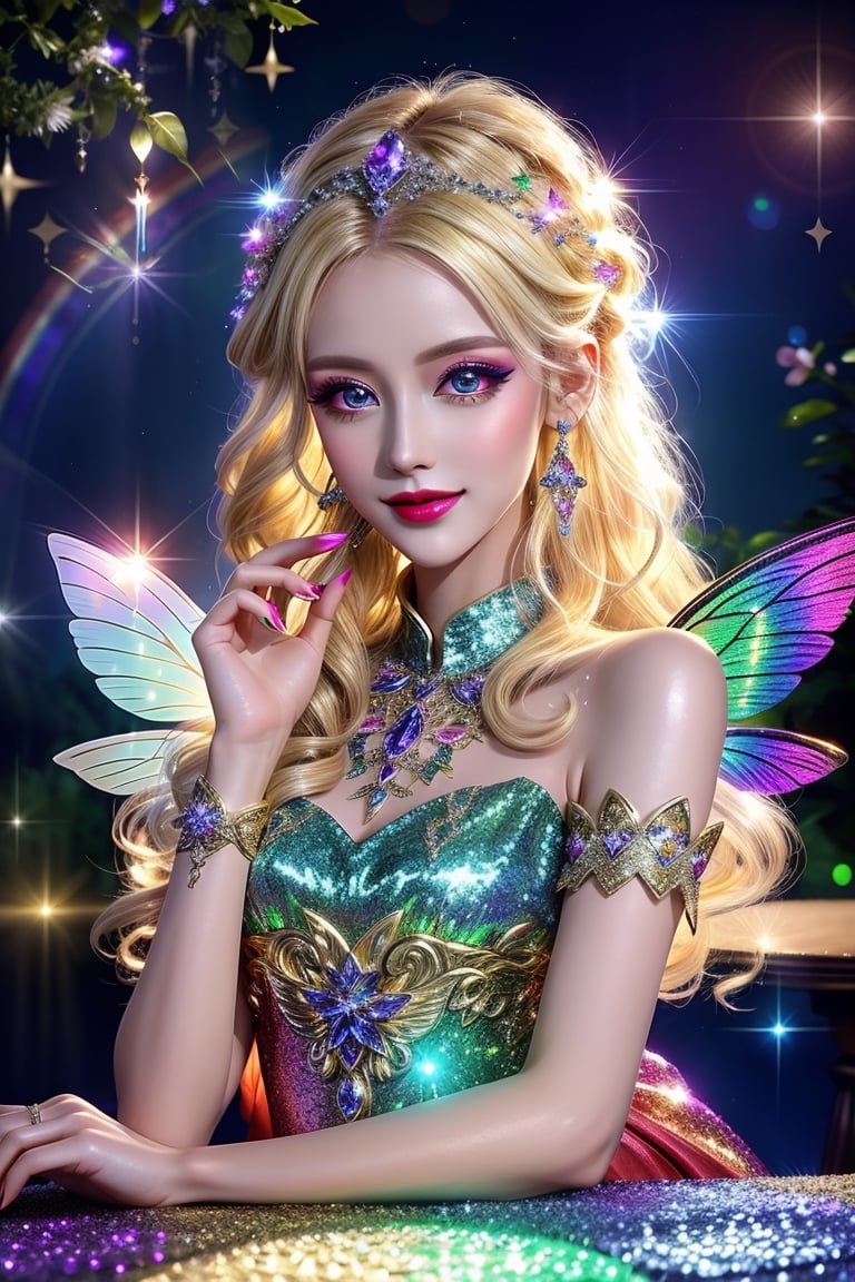 masterpiece, best quality, (finely detailed beautiful eyes and detailed beautiful face), perfect (skinny:1.3) bimbo body, straight blonde (hair), lipstick, make-up, accessories, glow dust, rainbow glow fairy wings, Celtic folklore, mischievous Pixie, red silk, long dress, high slit, relaxing on the table, midnight, nighttime, cinematic lighting, glitter, Detailedface,glitter,shiny