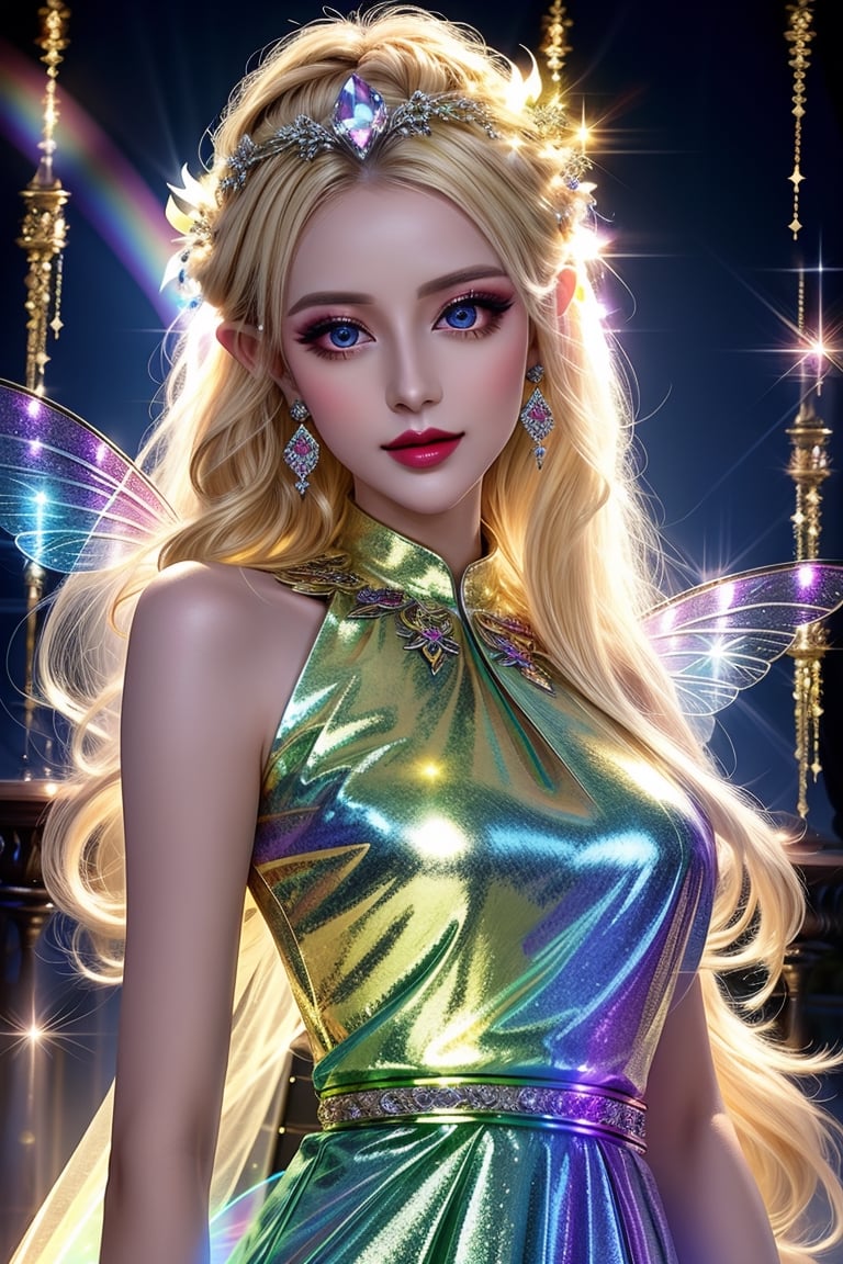 masterpiece, best quality, (finely detailed beautiful eyes and detailed beautiful face), perfect (skinny:1.3) bimbo body, straight blonde (hair), lipstick, make-up, accessories, glow dust, rainbow glow fairy wings, Celtic folklore, mischievous Pixie, silk, long dress, high slit, seductive pose, midnight, nighttime, cinematic lighting, glitter, Detailedface, shiny