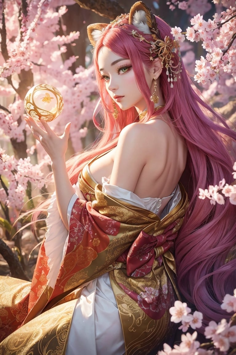 In this hyper-maximalist masterpiece, a breathtaking image of the ultimate nine-tailed fox girl unfolds. She stands amidst a mystical forest, exuding ethereal elegance. Her cascading locks, molten gold in color, shimmer with an inner radiance. Iridescent emerald eyes hold ancient wisdom and mischief, captivating the soul. Porcelain-like skin bears intricate cherry blossom markings, subtly shifting with light. Nine resplendent tails, adorned with patterns inspired by various art movements, weave a harmonious visual symphony. Ornate kimono, inspired by traditional Japanese woodblock prints, showcases meticulous detail. The enchanted forest bursts with vibrant colors, blending surrealism and fantasy. This epic masterpiece evokes awe, intertwining hyper-realistic rendering, intricate details, and seamless fusion of styles. It is a groundbreaking testament to the artist's skill, inviting viewers into a world where beauty and magic coexist. With unparalleled attention to detail, it transcends visual boundaries, offering a timeless encounter with the extraordinary nine-tailed fox girl—a stunning embodiment of artistic excellence.