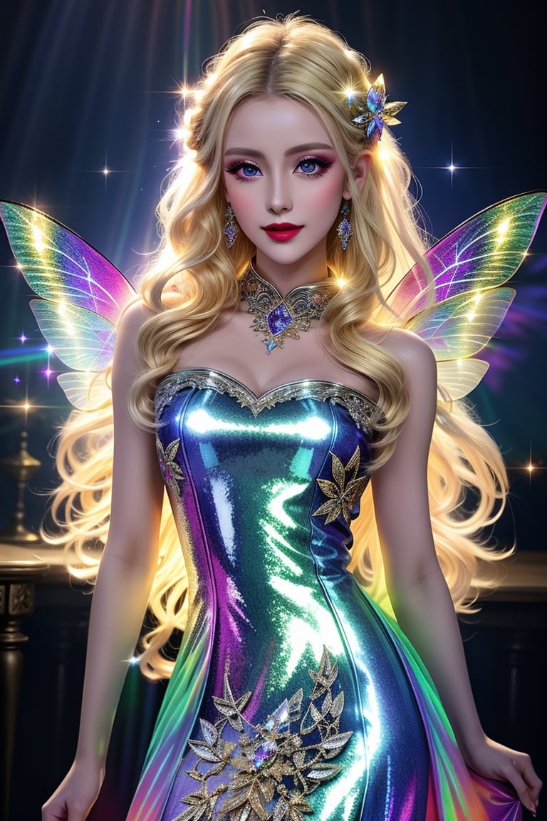 masterpiece, best quality, (finely detailed beautiful eyes and detailed beautiful face), perfect (skinny:1.3) bimbo body, straight blonde (hair), lipstick, make-up, accessories, glow dust, rainbow glow fairy wings, Celtic folklore, mischievous Pixie, silk, long dress, high slit, seductive pose, midnight, nighttime, cinematic lighting, glitter, Detailedface, shiny