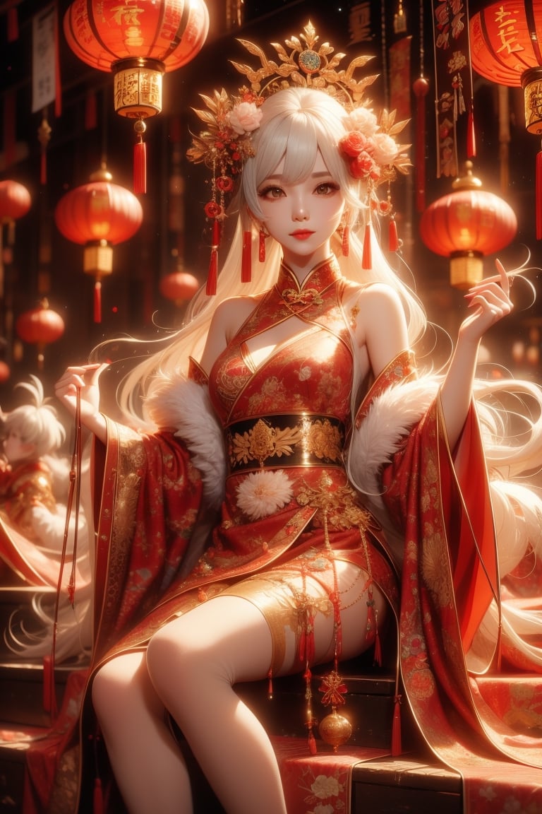 white hair, bangs hairstyle, 1girl, Queen girl, gold Dragon, red sleeveless mini cheongsam, Chinese architectures, chinese dress