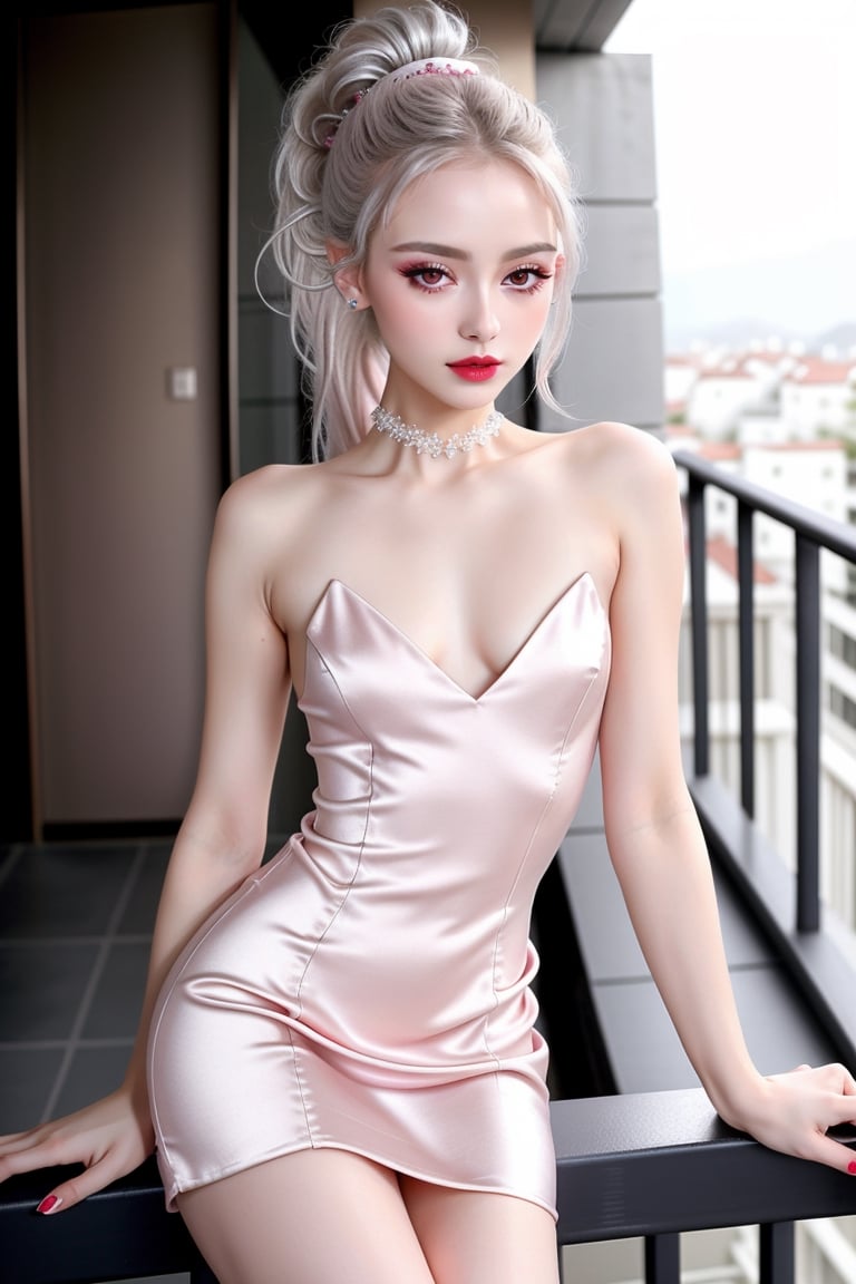 masterpiece, best quality, finely detailed beautiful eyes and detailed beautiful face, (petite:1.3), porcelain (skin), silver (messy hair), high ponytail, pink (eyes), make-up, lipstick, 1girl, Korean, sexually_suggestive, silk (minidress), relaxing on balcony seductively, midnight_lycanroc, dimmer lighting