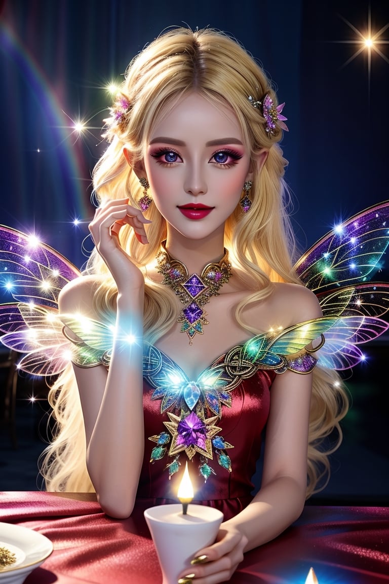 masterpiece, best quality, (finely detailed beautiful eyes and detailed beautiful face), perfect (skinny:1.3) bimbo body, straight blonde (hair), lipstick, make-up, accessories, glow dust, rainbow glow fairy wings, Celtic folklore, mischievous Pixie, red silk, long dress, high slit, relaxing on the table, midnight, nighttime, cinematic lighting, glitter, Detailedface, shiny