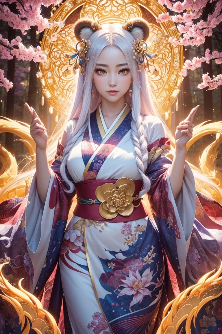 In this hyper-maximalist masterpiece, a breathtaking image of the ultimate nine-tailed fox girl unfolds. She stands amidst a mystical forest, exuding ethereal elegance. Her cascading locks, molten gold in color, shimmer with an inner radiance. Iridescent emerald eyes hold ancient wisdom and mischief, captivating the soul. Porcelain-like skin bears intricate cherry blossom markings, subtly shifting with light. Nine resplendent tails, adorned with patterns inspired by various art movements, weave a harmonious visual symphony. Ornate kimono, inspired by traditional Japanese woodblock prints, showcases meticulous detail. The enchanted forest bursts with vibrant colors, blending surrealism and fantasy. This epic masterpiece evokes awe, intertwining hyper-realistic rendering, intricate details, and seamless fusion of styles. It is a groundbreaking testament to the artist's skill, inviting viewers into a world where beauty and magic coexist. With unparalleled attention to detail, it transcends visual boundaries, offering a timeless encounter with the extraordinary nine-tailed fox girl—a stunning embodiment of artistic excellence.