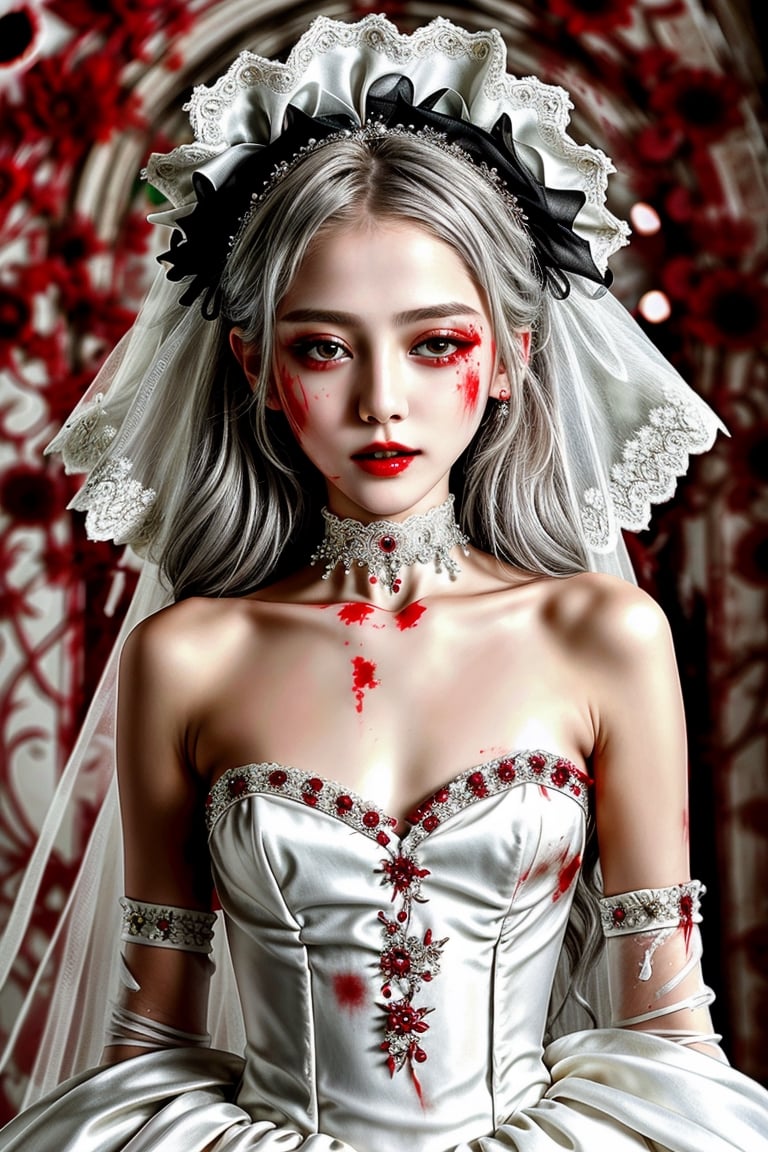 Masterpiece, best quality, finely detailed beautiful eyes and detailed beautiful face, fine detailed clothing, (skinny:1.3), (petite), messy silver (hair), porcelain (skin), flower ornament, gothic lolita, lace choker, 1girl, Korean, skimpy, skintight, (blood stain:1.3) on white (bridal gown), full body shot, roman style background