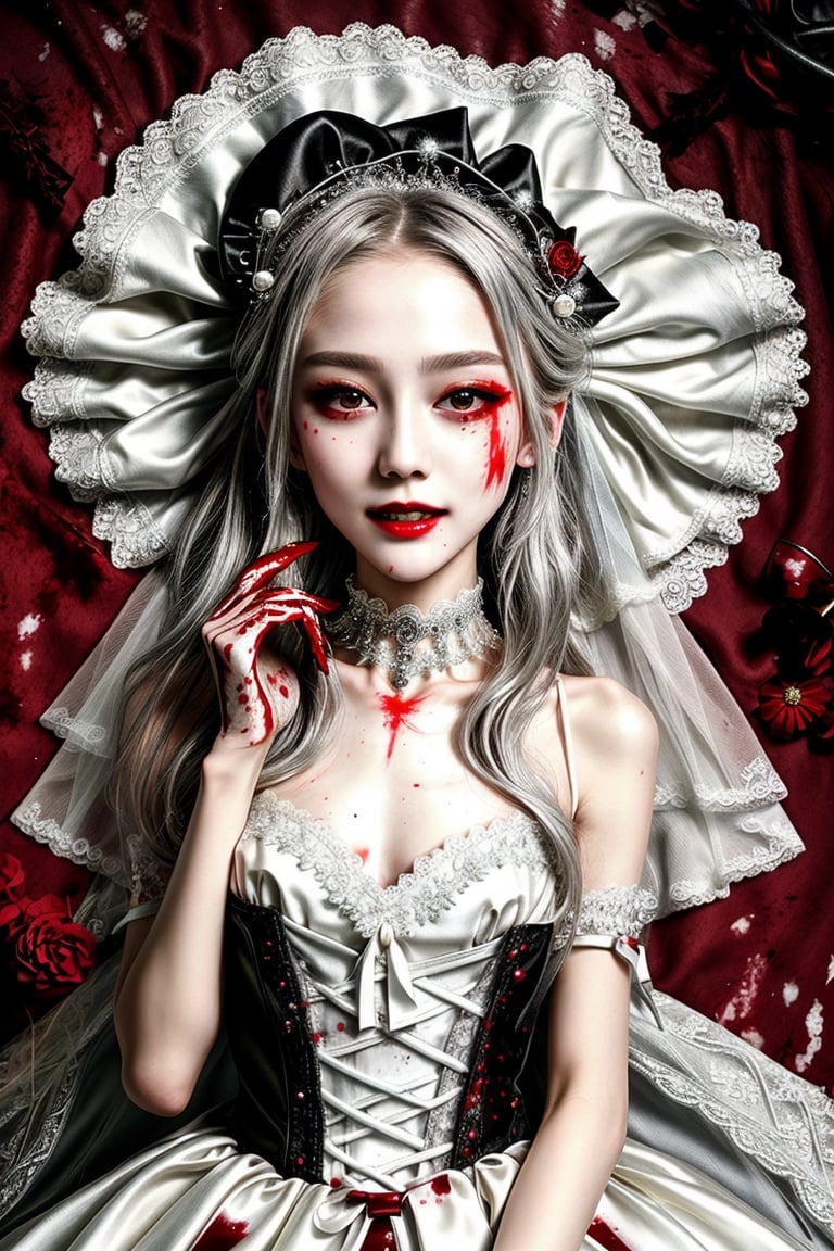 Masterpiece, best quality, finely detailed beautiful eyes and detailed beautiful face, fine detailed clothing, (skinny:1.3), (petite), messy silver (hair), porcelain (skin), flower ornament, gothic lolita, lace choker, 1girl, Korean, skimpy, skintight, (blood stain:1.3) clothing, white (bridal gown), bridal glove, evil grin, full body shot, roman style background