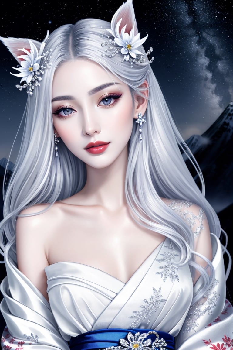 masterpiece, best quality, finely detailed beautiful eyes, finely detailed beautiful face, maximum fine clothing details, perfect (skinny:1.3) bimbo body, make-up, lipstick, floral ornaments, silver (hair), pale (skin), Japan folklore, Yuki-Onna, clear sheer, chiffon kimono, wonder around snowy mountain, under the moonlight, nighttime, midnight_lycanroc, cinematic lighting, sharp focus, depth of field, intricate details