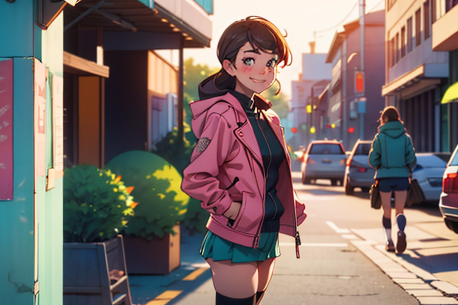 (best quality, masterpiece), 1girl, leather jacket, thighhighs, makeup, hand in pocket, looking at viewer, backlighting, seductive smile, freckles, street, blurry background,