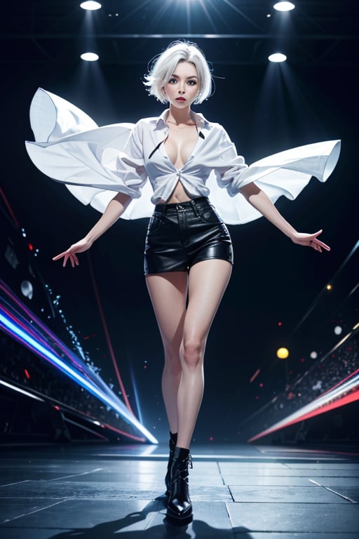 (1girl, full body in a Disco), dance scene, dynamic pose, Beautiful Korean woman, kpop idol, wearing oversize cloths, white hair, Cute Loose Bob hairstyle, simetry eyes, red lips, small breasts, toned, dramatic lighting, (photorealistic:1. 4), (photorealism:1. 5), (8k, RAW photo, highest quality, masterpiece), ultra-high resolution, physics-based rendering, 