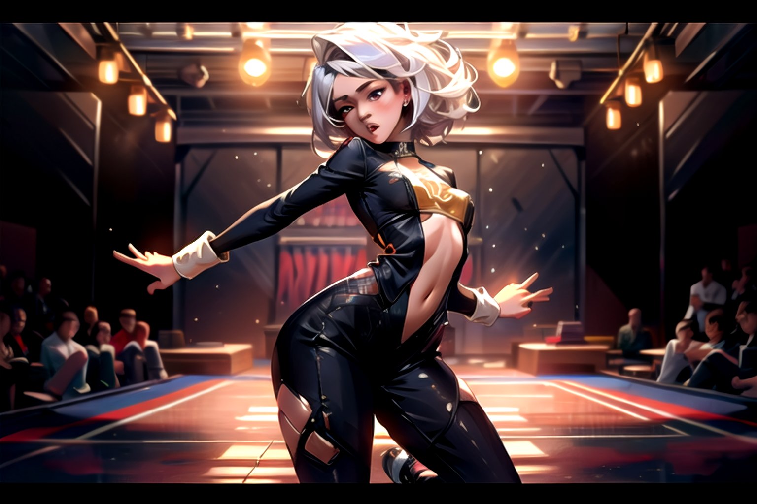 (1girl, full body in a Disco), dance scene, dynamic pose, Beautiful Korean woman, kpop idol, wearing oversize cloths, white hair, Cute Loose Bob hairstyle, simetry eyes, red lips, small breasts, toned, dramatic lighting, (photorealistic), (photorealism), (8k, RAW photo, highest quality, masterpiece), ultra-high resolution, physics-based rendering, 