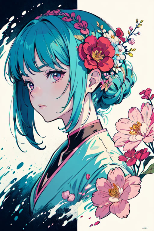 (a woman) with flowers in her hair, in the style of poster art, dark white and light magenta, highly detailed illustrations, serene faces, light teal and light red, smooth lines, comic art --ar  --s 750 --niji 5