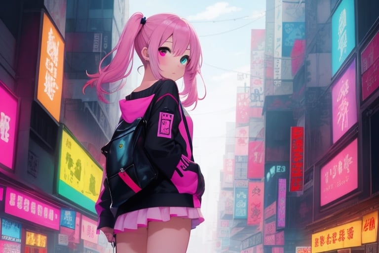 anime full body girl with pink hair and headphones pointing at something, best anime 4k konachan wallpaper, anime style 4 k, digital cyberpunk anime art, cyberpunk anime girl, badass anime 8 k, digital cyberpunk - anime art, anime cyberpunk art, nightcore, anime moe artstyle, ((rainbow pink)) twintail hair and cyan and pink eyes, ((heterochromia eyes)), anime girl of the future