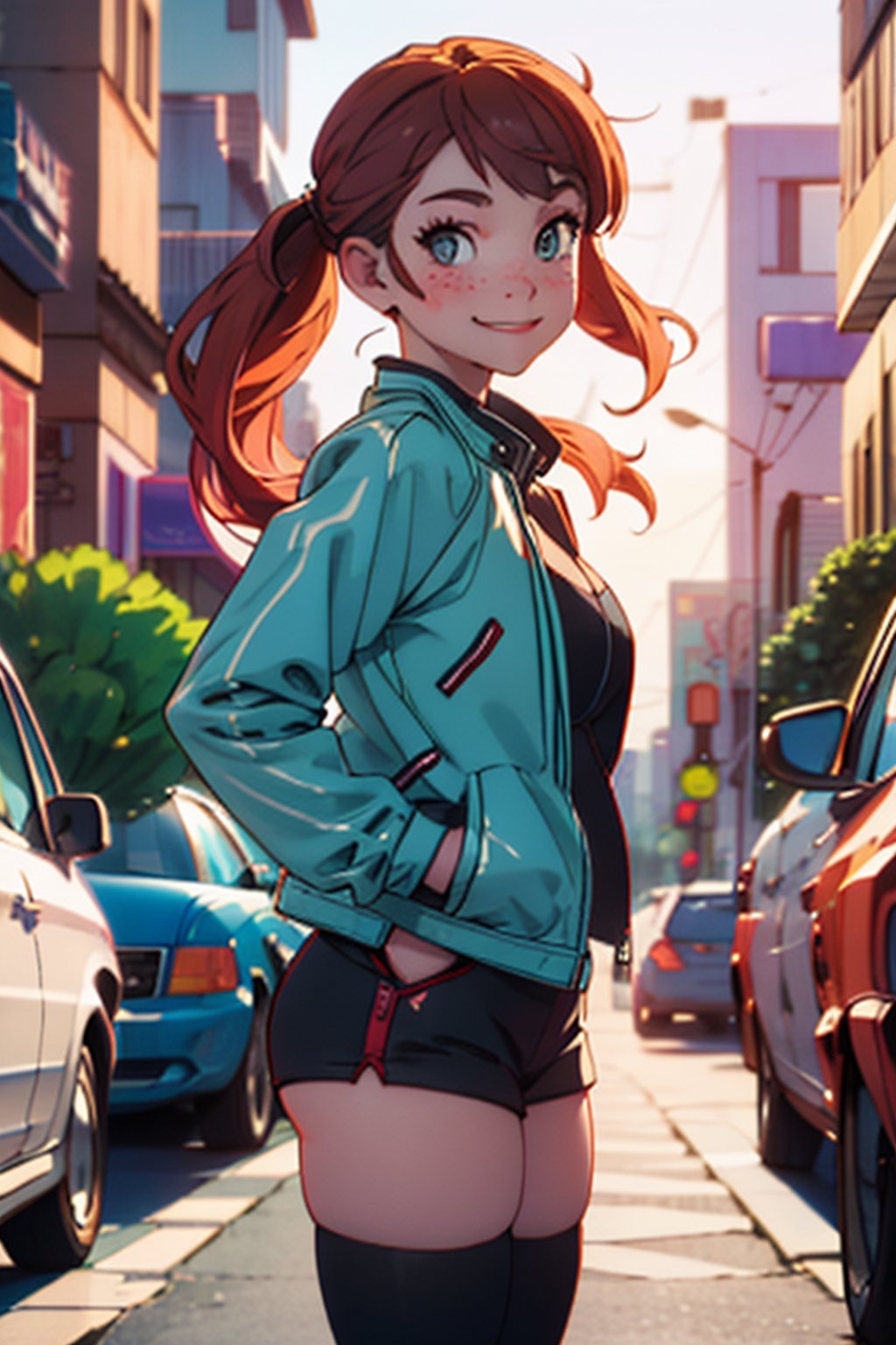 (best quality, masterpiece), 1girl, leather jacket, thighhighs, makeup, hand in pocket, looking at viewer, backlighting, seductive smile, freckles, street, blurry background,