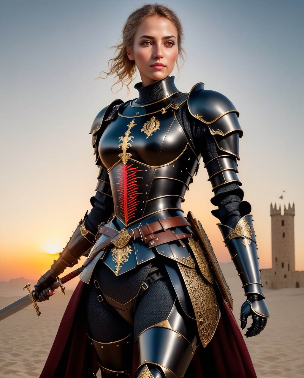 Female Crusader dressed as a black knight Clothes, with heavy belt with knife and sword, ,(masterpiece, Best Quality, photorealistic, ultra-detailed, finely detailed, high resolution, 8K wallpaper),sunset, 4 K, 8 K ,  highe Definisjon, uhd, soft light, warm light,,Movie Still