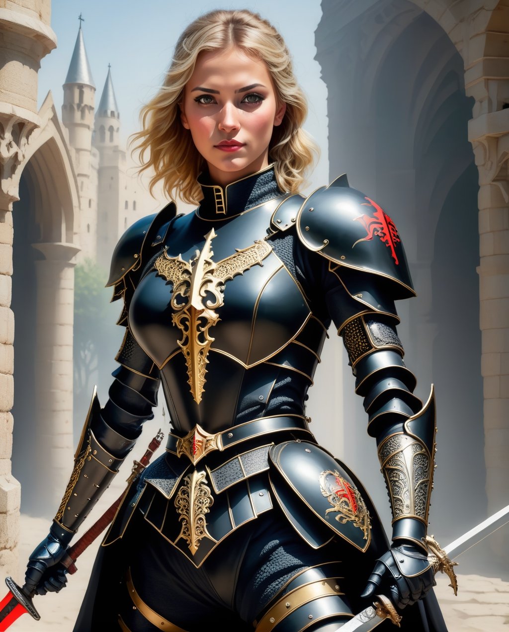 Female Crusader dressed as a black knight Clothes, with heavy belt with knife and sword, 