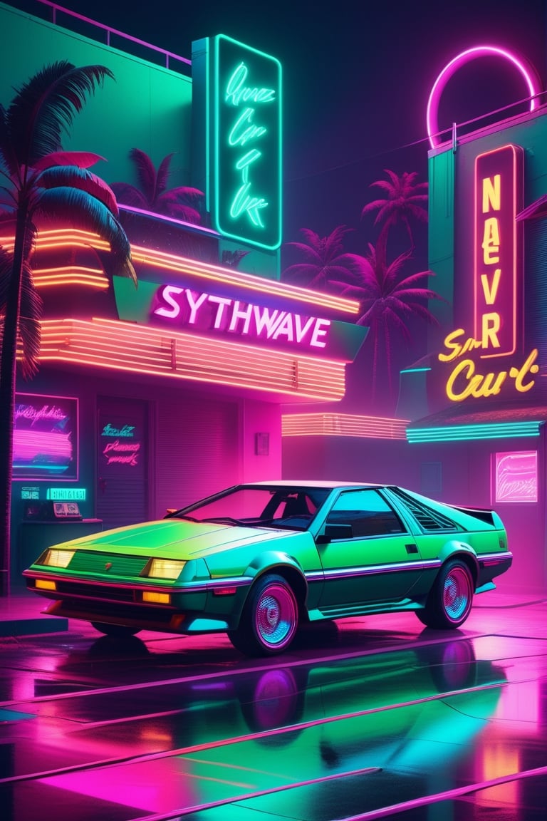 a green car parked in front of neon signs, synthwave image, synthwave neon retrofuturism, retrowave ((synthwave)), synthwave neon retro, 8 0 s synthwave, neon ambiance, epic retrowave art, neonwave, neon aesthetic, retro-wave vibes, retrowave vibes, retrowave style, colorful neon lighting, 80s outrun