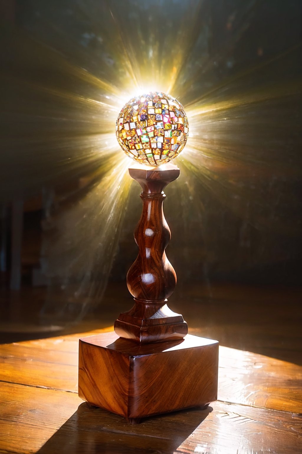 A multifaceted crystal orb, radiating a ethereal celestial glow, perched delicately on a stack of hand-carved mahogany blocks adorned with intricate patterns. The scene is enveloped in a mysterious mist, casting subtle shadows that add to the enchanting and mystical ambiance, evoking a sense of wonder and magic in a dimly lit room