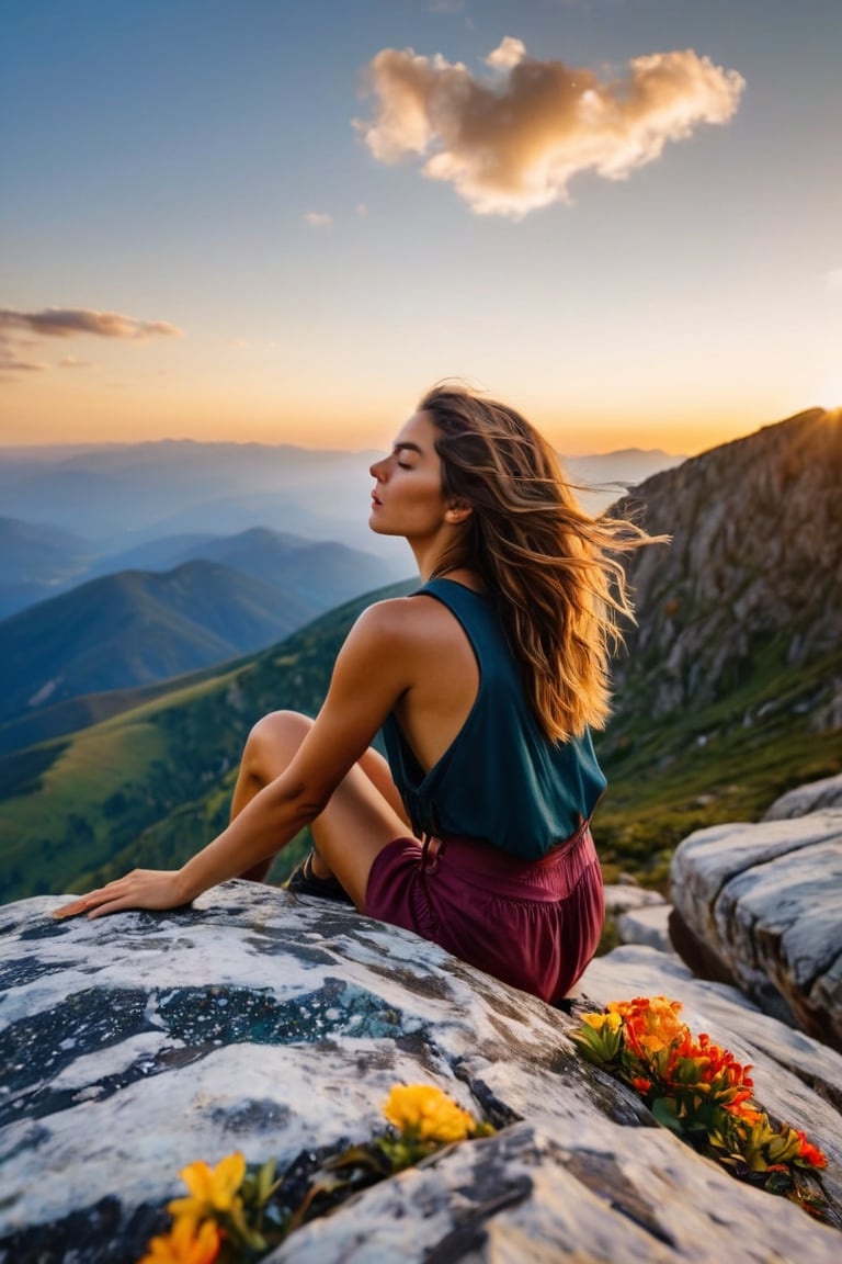 Analogue/Beauty/Candid/Documentary/Glamour/Instant/Modernist/Paparazzi photography, wide-angle photo, Cinematic results, portrait of beautiful girl  climbing a rock, she has flowy hair with colorful flowers cascading out of it, colorful rendition, ultradetailed face,  Freckles and dry skin, 8k UHD, professional results ,, wide-angle, sky view with wispy clouds ,EpicSky, golden hour, close-up, mountain views, hiking clothes,  8 K ,  