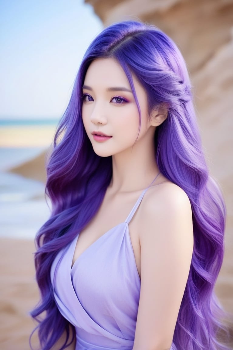 a woman with purple hair wearing a purple dress, blue and purple hair, long light purple hair, long wavy purple hair, long purple hair, gorgeous chinese model, purple hair, violet color, violet hair, purple long hair, deep purple hair, long violet hair, beautiful elf with violet skin, chin-length purple hair, flowing purple hair, purple and blue