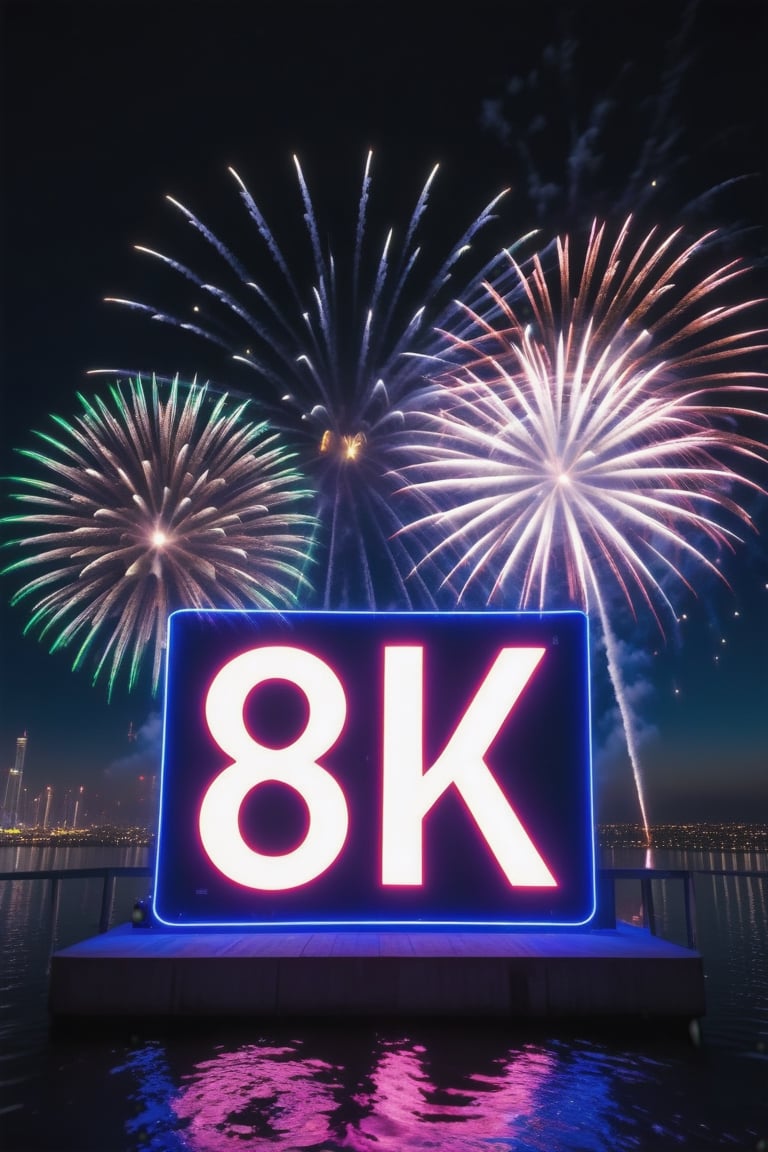  8 k , on a big neon sign,  fireworks in background 