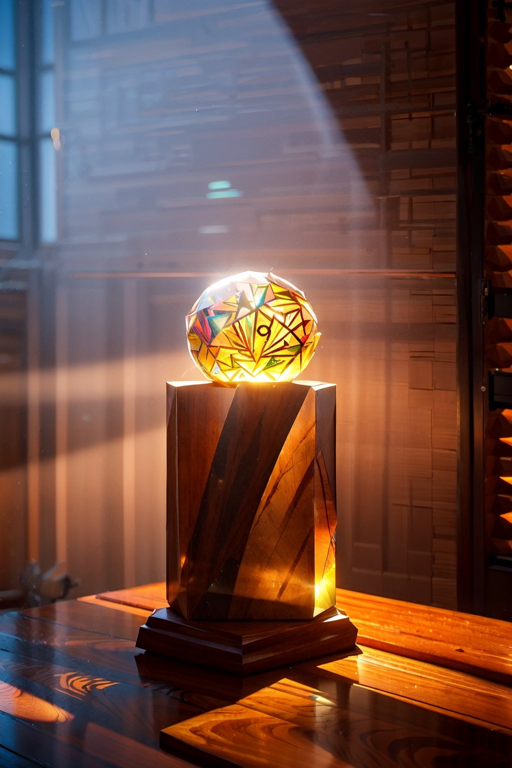 A multifaceted crystal orb, radiating a ethereal celestial glow, perched delicately on a stack of hand-carved mahogany blocks adorned with intricate patterns. The scene is enveloped in a mysterious mist, casting subtle shadows that add to the enchanting and mystical ambiance, evoking a sense of wonder and magic in a dimly lit room,Void volumes,Nature