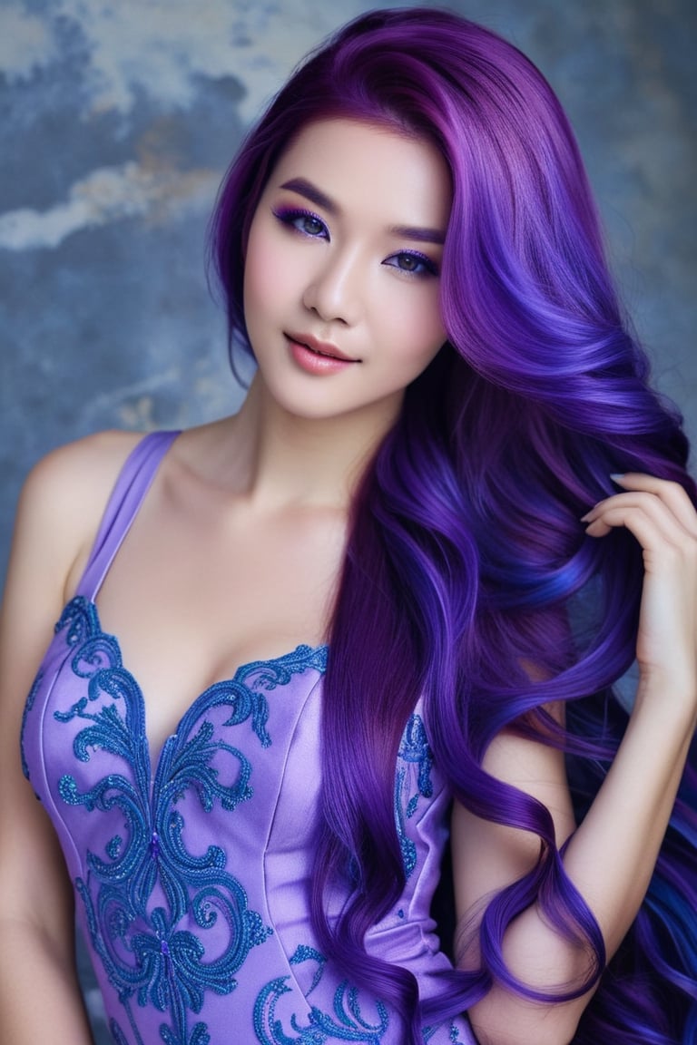 a woman with purple hair wearing a purple dress, blue and purple hair, long light purple hair, long wavy purple hair, long purple hair, gorgeous chinese model, purple hair, violet color, violet hair, purple long hair, deep purple hair, long violet hair, beautiful elf with violet skin, chin-length purple hair, flowing purple hair, purple and blue