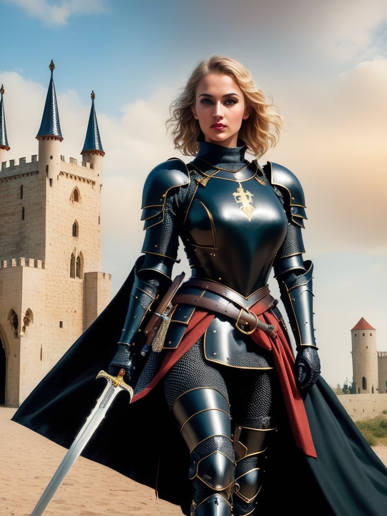 Female Crusader dressed as a black knight Clothes, with heavy belt with knife and sword, 