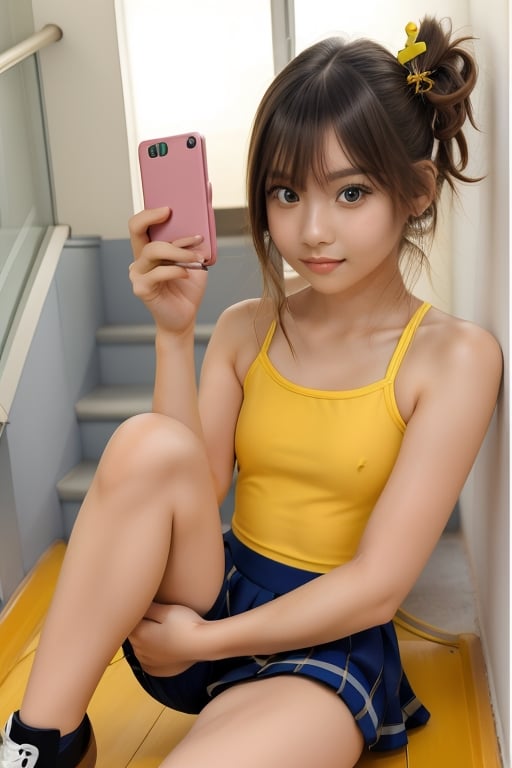a woman sitting on the steps of a building, of a schoolgirl posing, anime girl cosplay, anime girl in real life, she is holding a smartphone, anime thai girl, realistic schoolgirl, teenager girl, teenage female schoolgirl, ulzzang, phone in hand, photo of slim girl model, checking her cell phone, school girl, holding polaroid camera